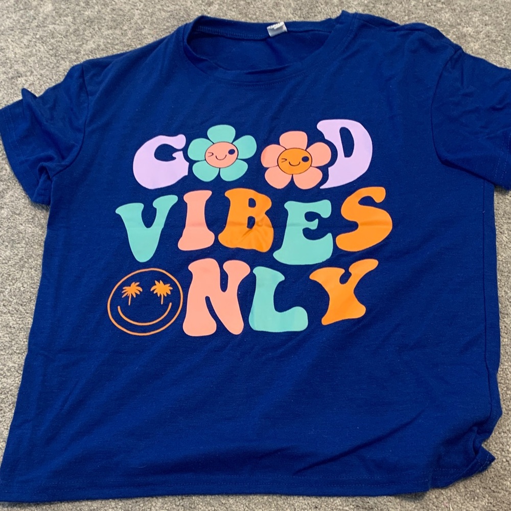 SHEIN Blue Tee with Colorful 'Good Vibes Only' Print